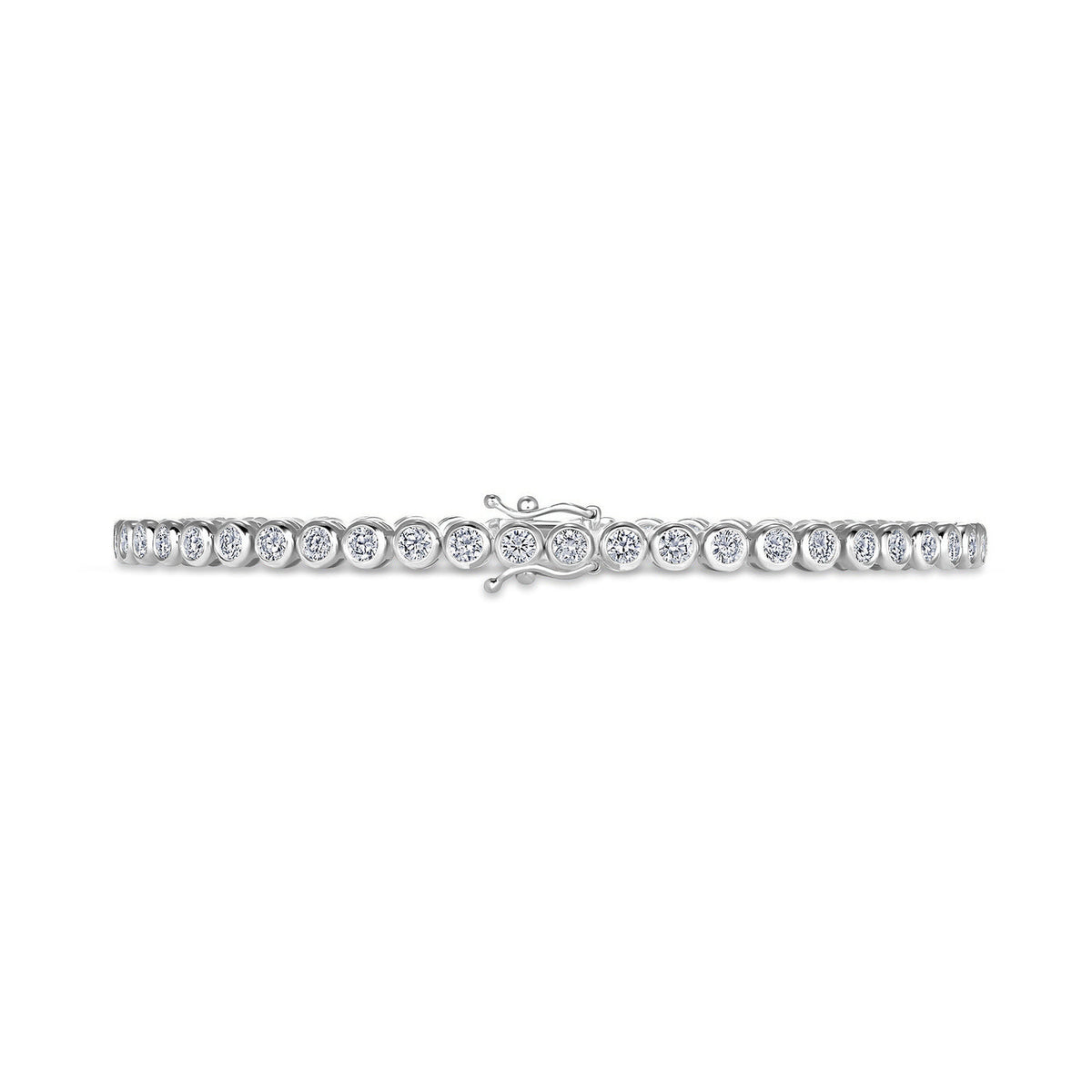 Bezel set diamond tennis bracelet worn on the wrist in white gold #Metal_14K White Gold|18K White Gold|Platinum