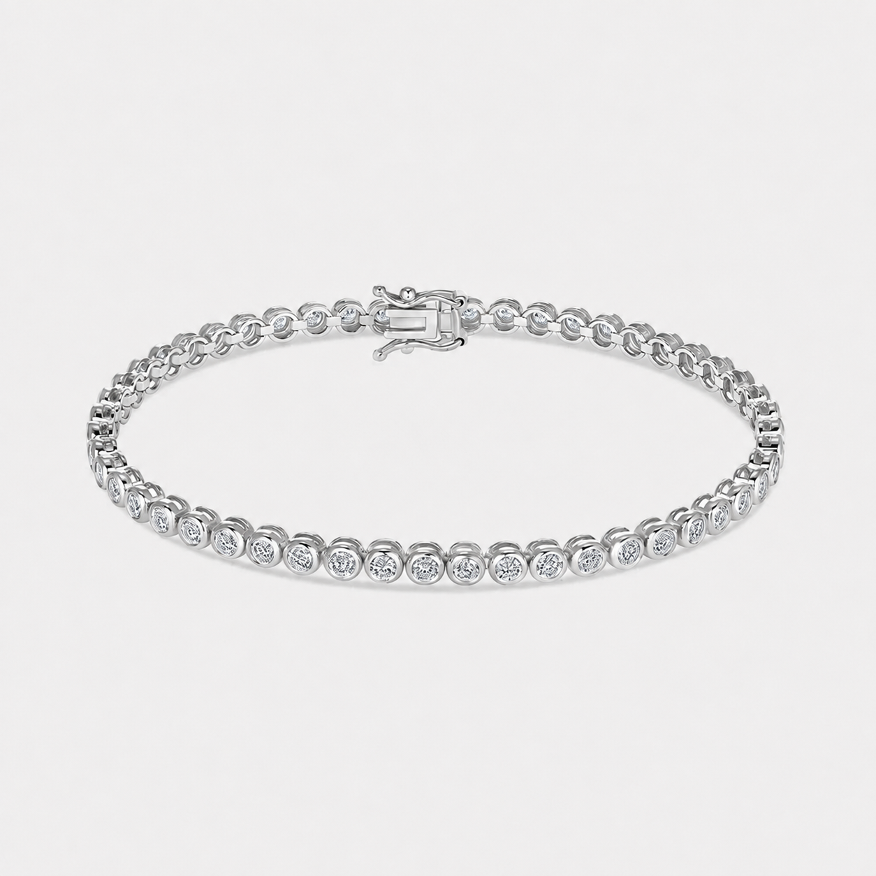 Bezel set lab grown diamond tennis bracelet in 14K white gold #Metal_White Gold