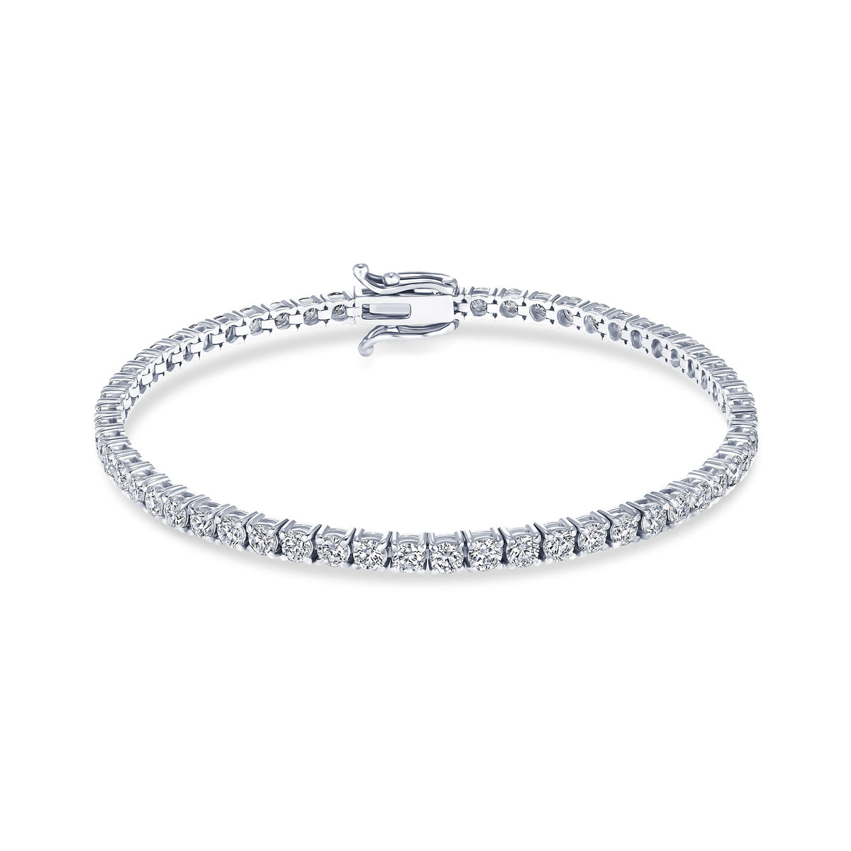 Round diamond tennis bracelet worn on the wrist, 5.30 carat total weight