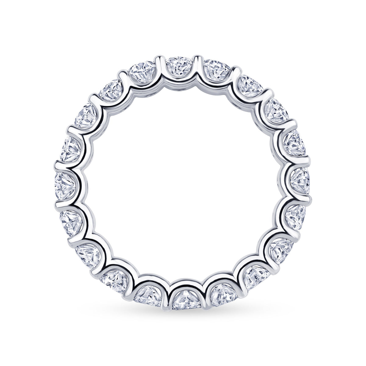 Oval diamond eternity band shown at an angle showing the gallery
