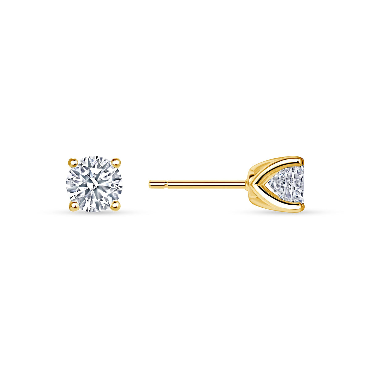 Round lab grown diamond stud earrings worn on the ear, 1.07 carat total weight