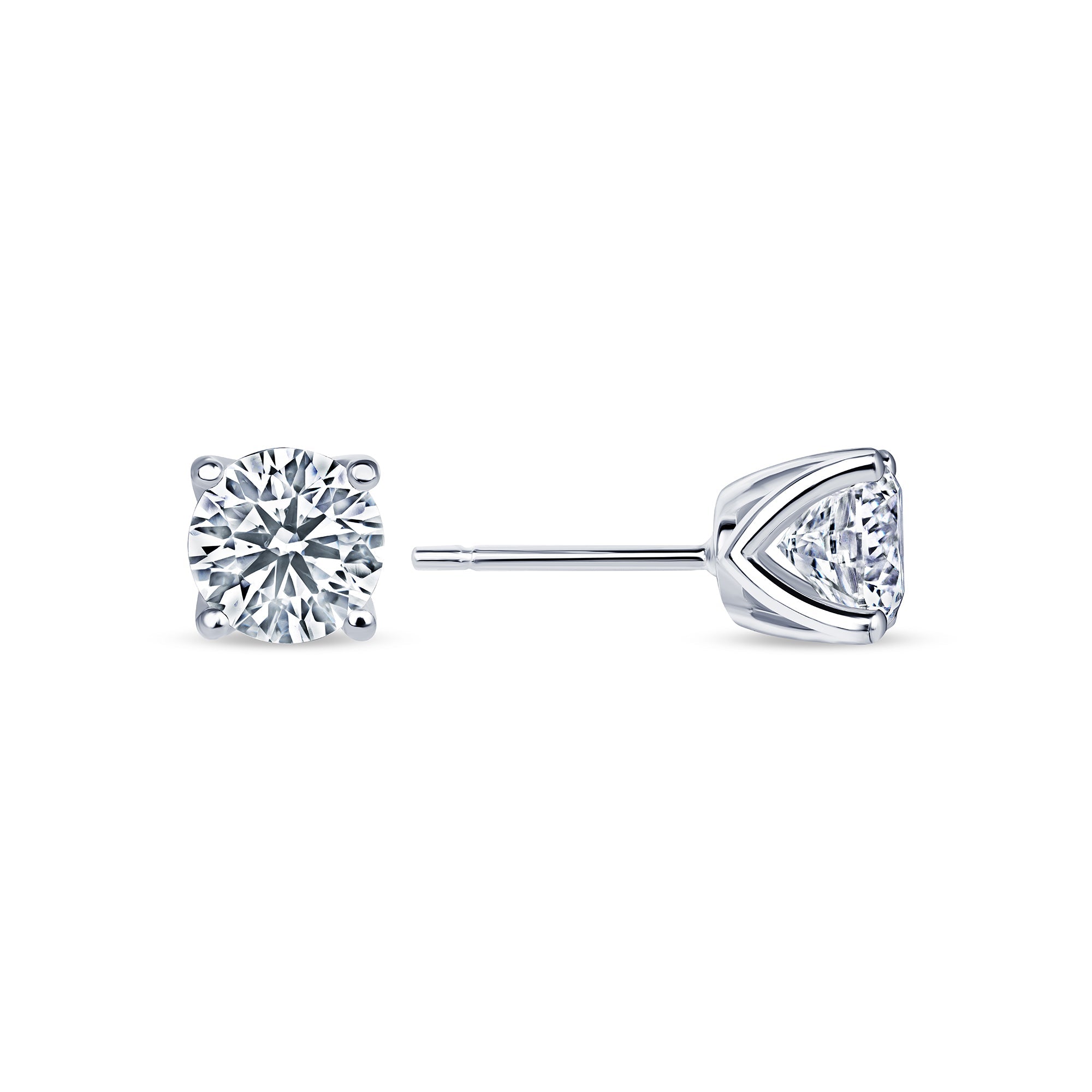 Round lab grown diamond stud earrings worn on the ear, 1.58 carat total weight