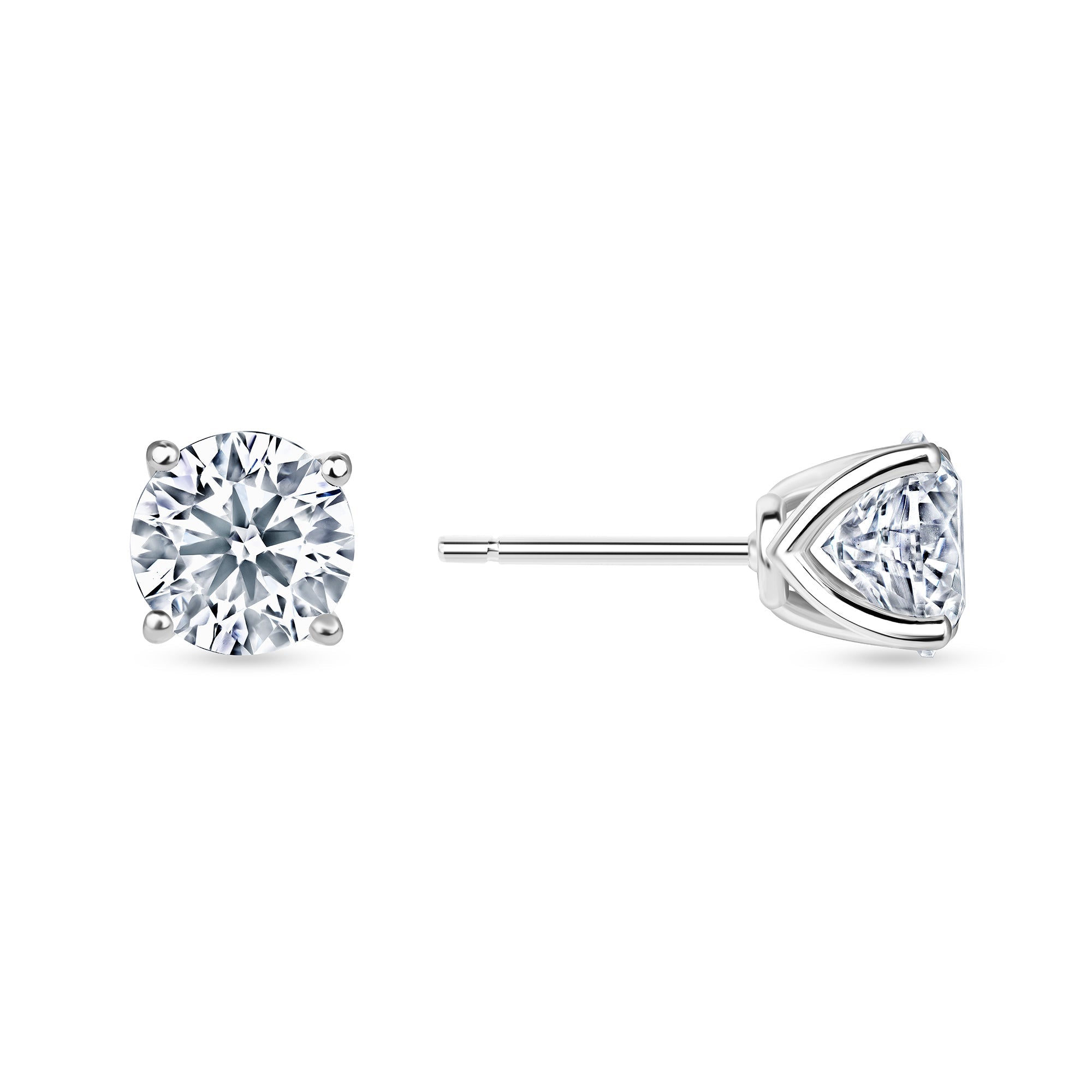 Round lab grown diamond stud earrings worn on the ear, 2.12 carat total weight