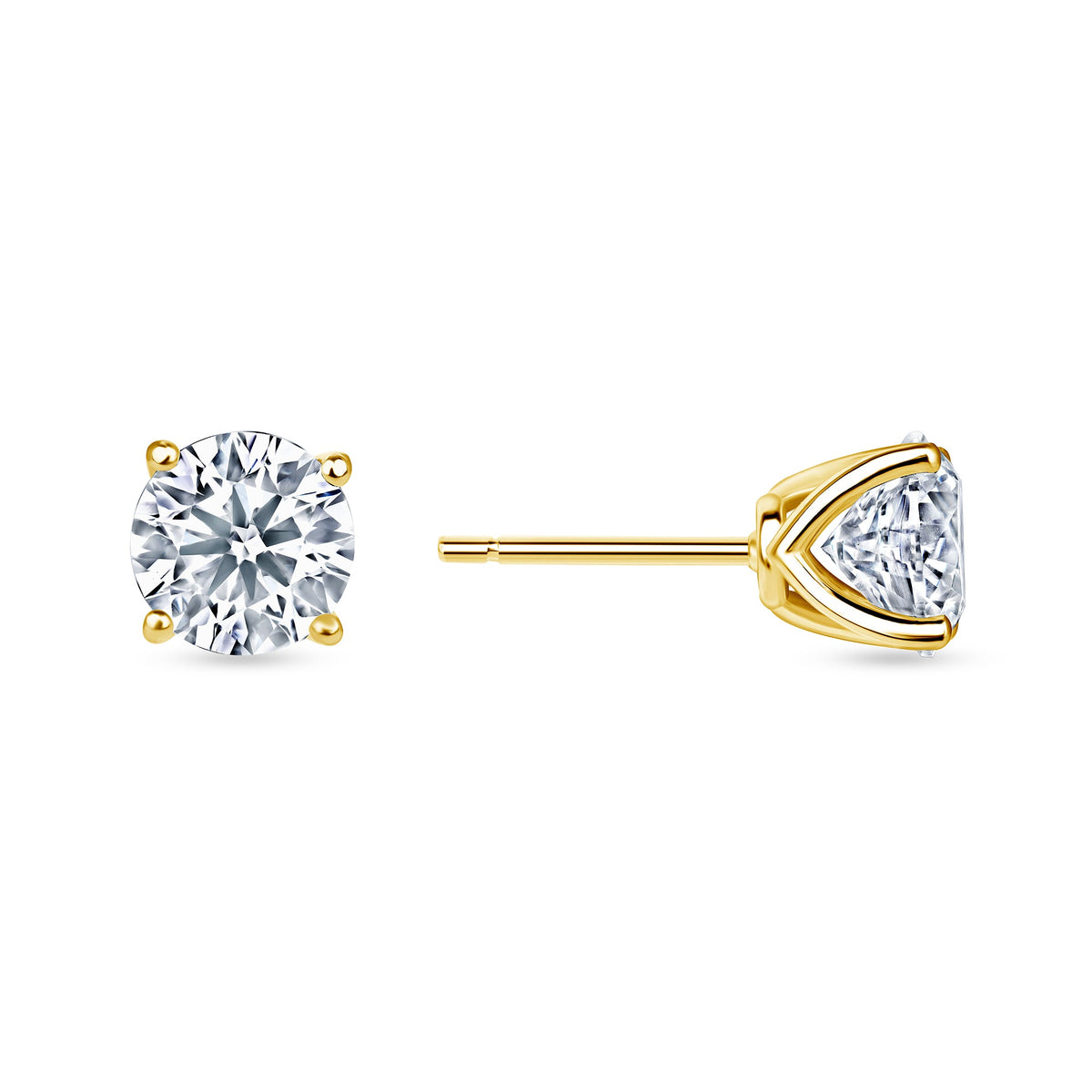 Round lab grown diamond stud earrings worn on the ear, 2.12 carat total weight