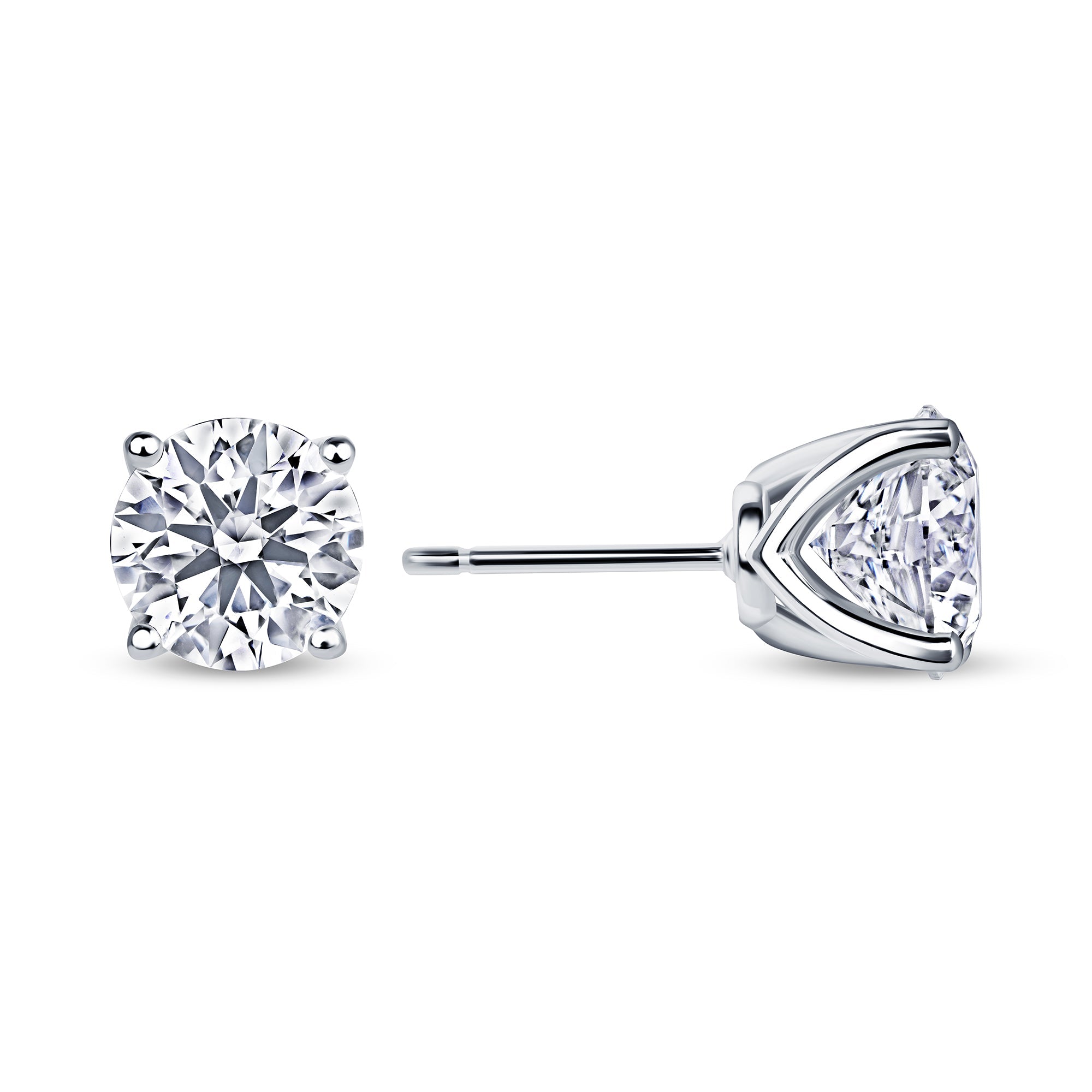 Round lab grown diamond stud earrings worn on the ear, 3.18 carat total weight