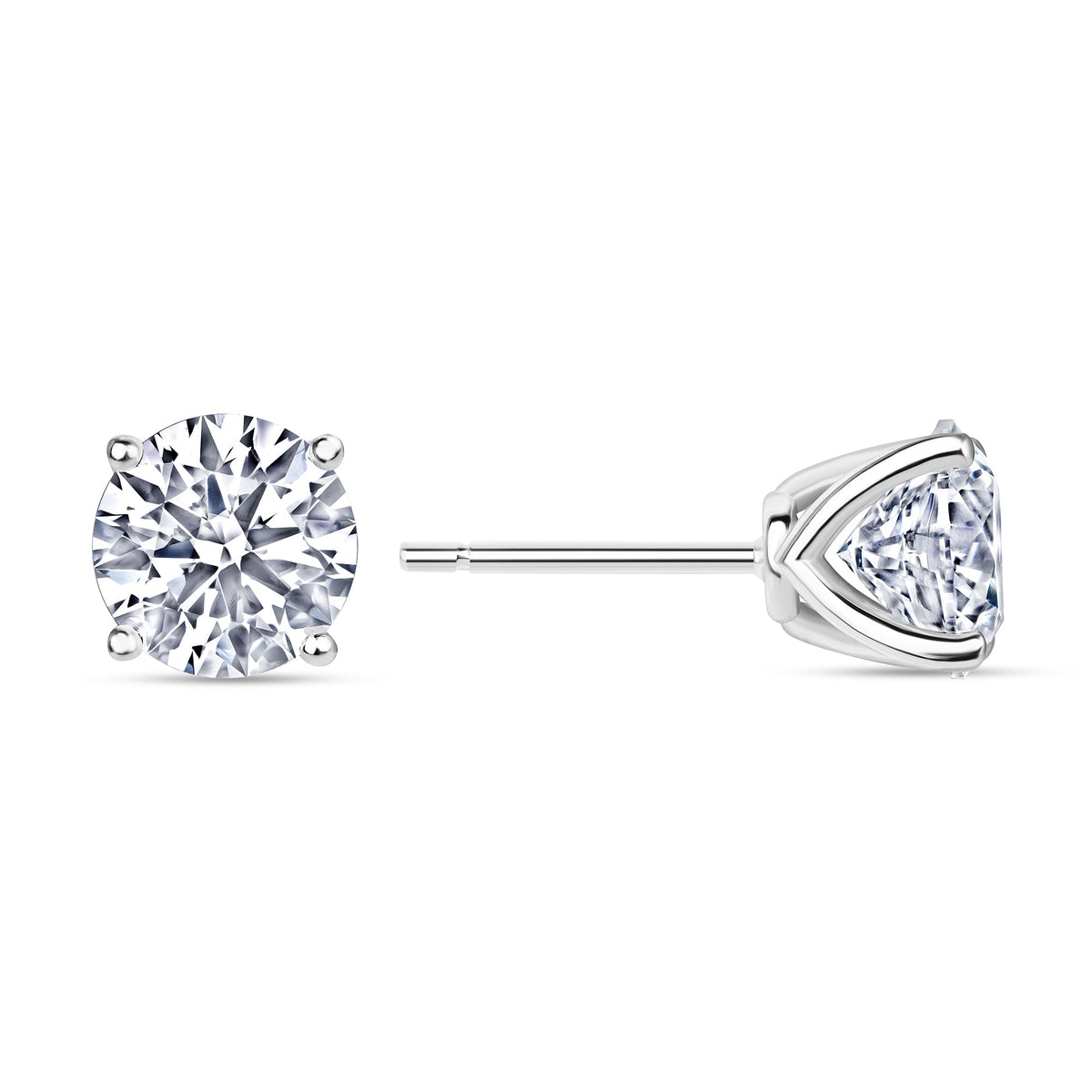 Round lab grown diamond stud earrings worn on the ear, 4.14 carat total weight
