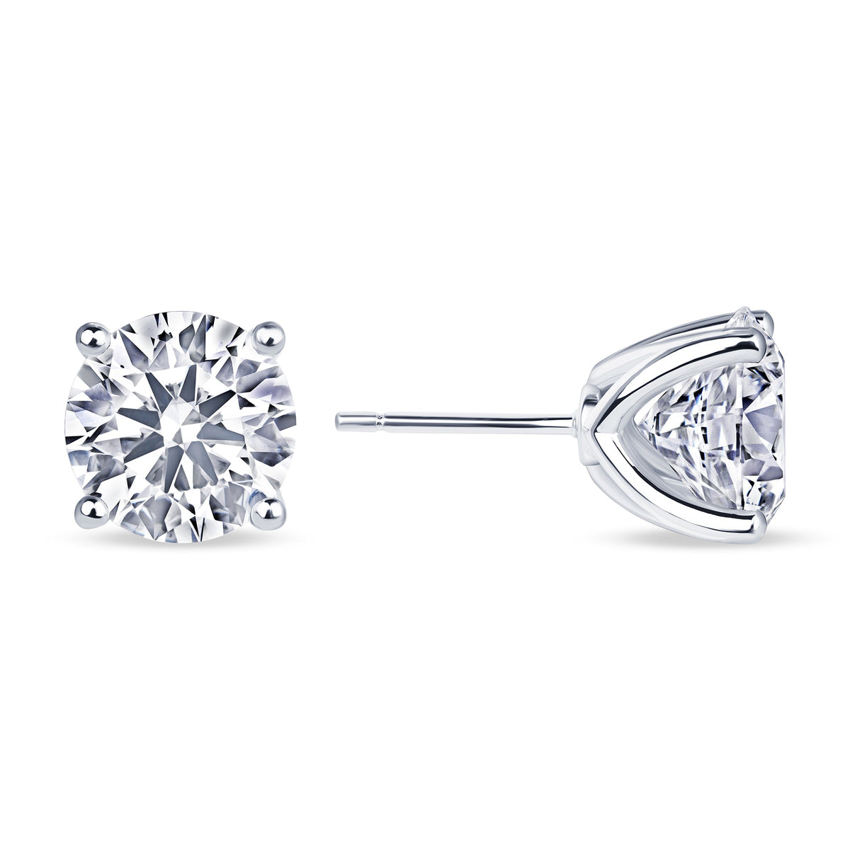 Round lab grown diamond stud earrings worn on the ear, 5.09 carat total weight