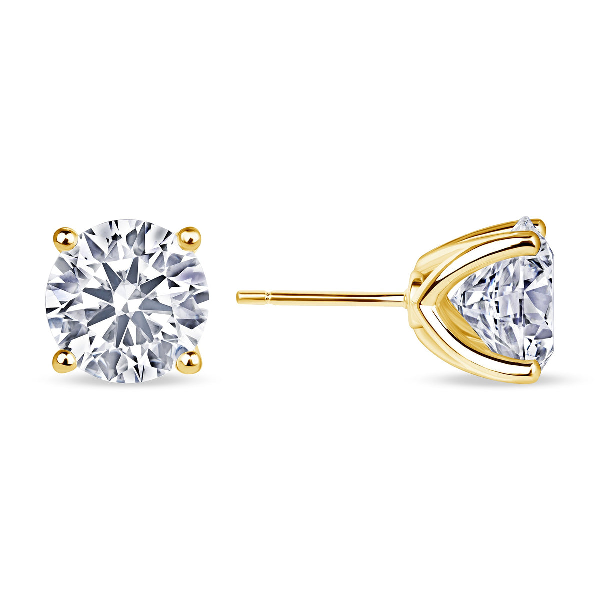 Round lab grown diamond stud earrings worn on the ear, 5.09 carat total weight