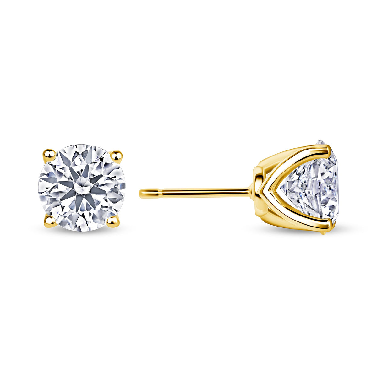 Round diamond stud earrings in 14K yellow gold at a larger carat weight