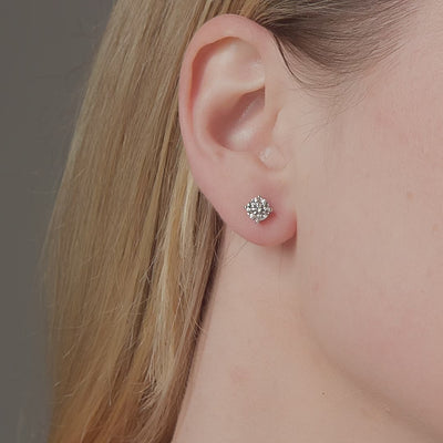 Round diamond stud earrings shown in motion on the ear, 1.58 carat total weight