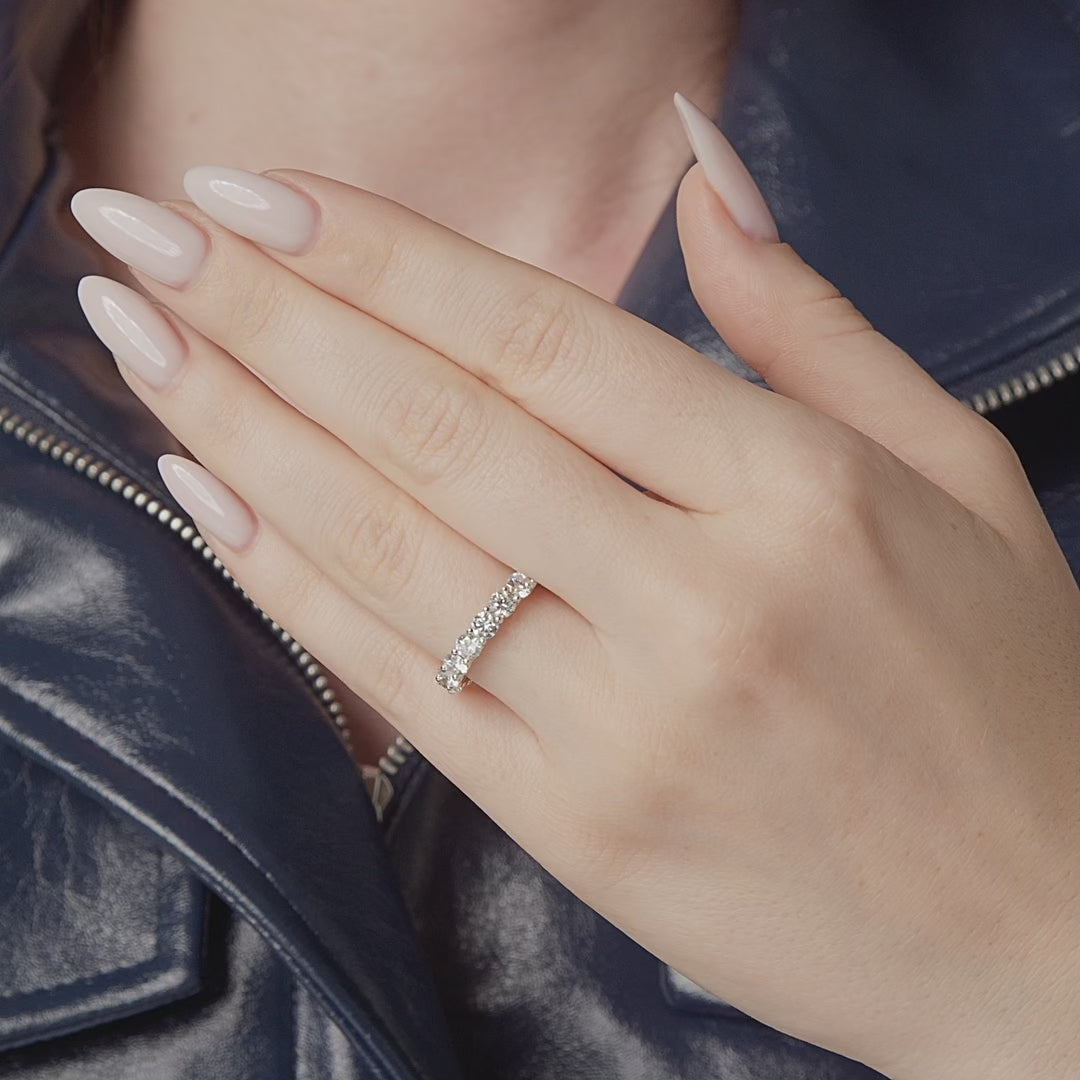 Round lab grown diamond eternity band shown in motion on the hand
