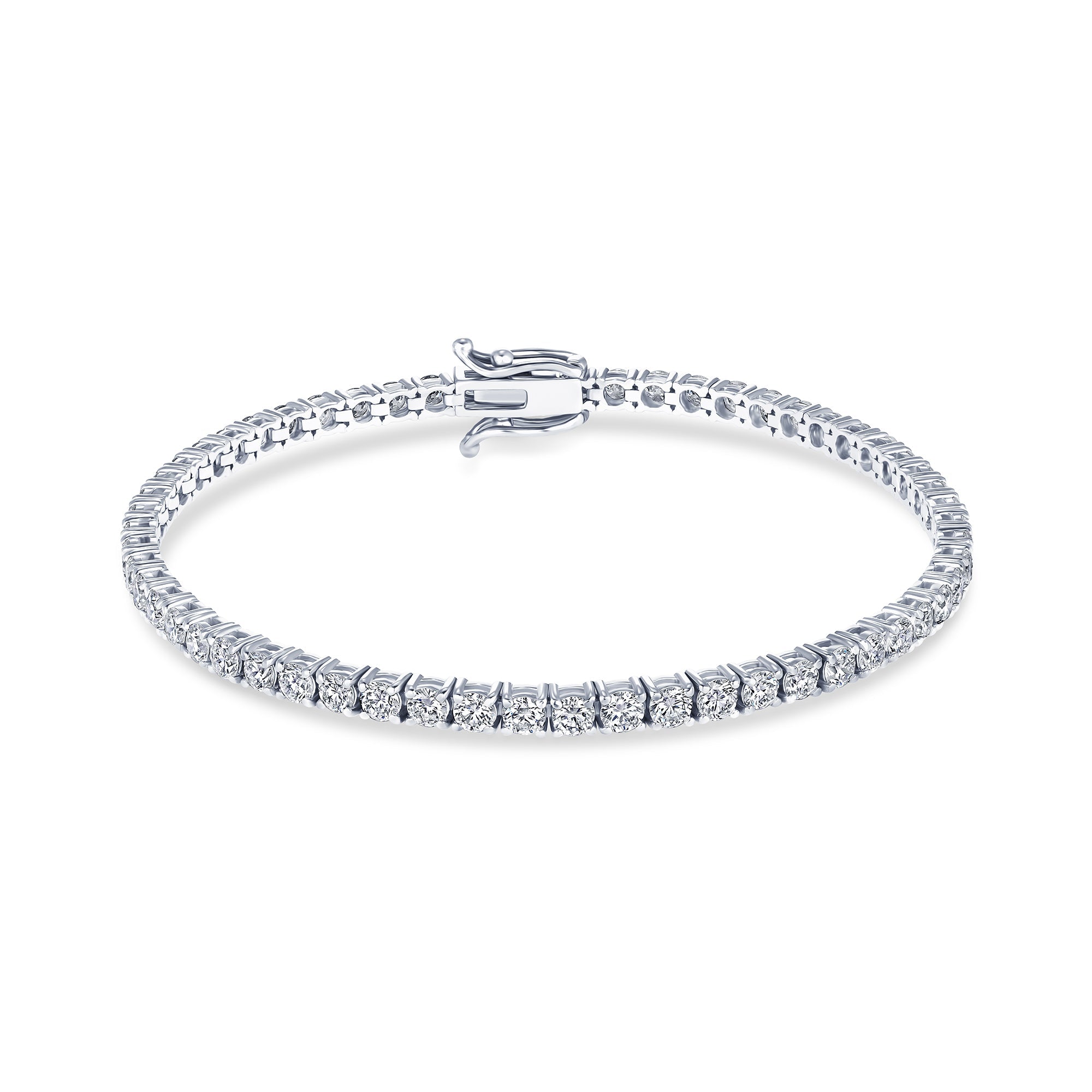 Round diamond tennis bracelet worn on the wrist, 5.30 carat total weight