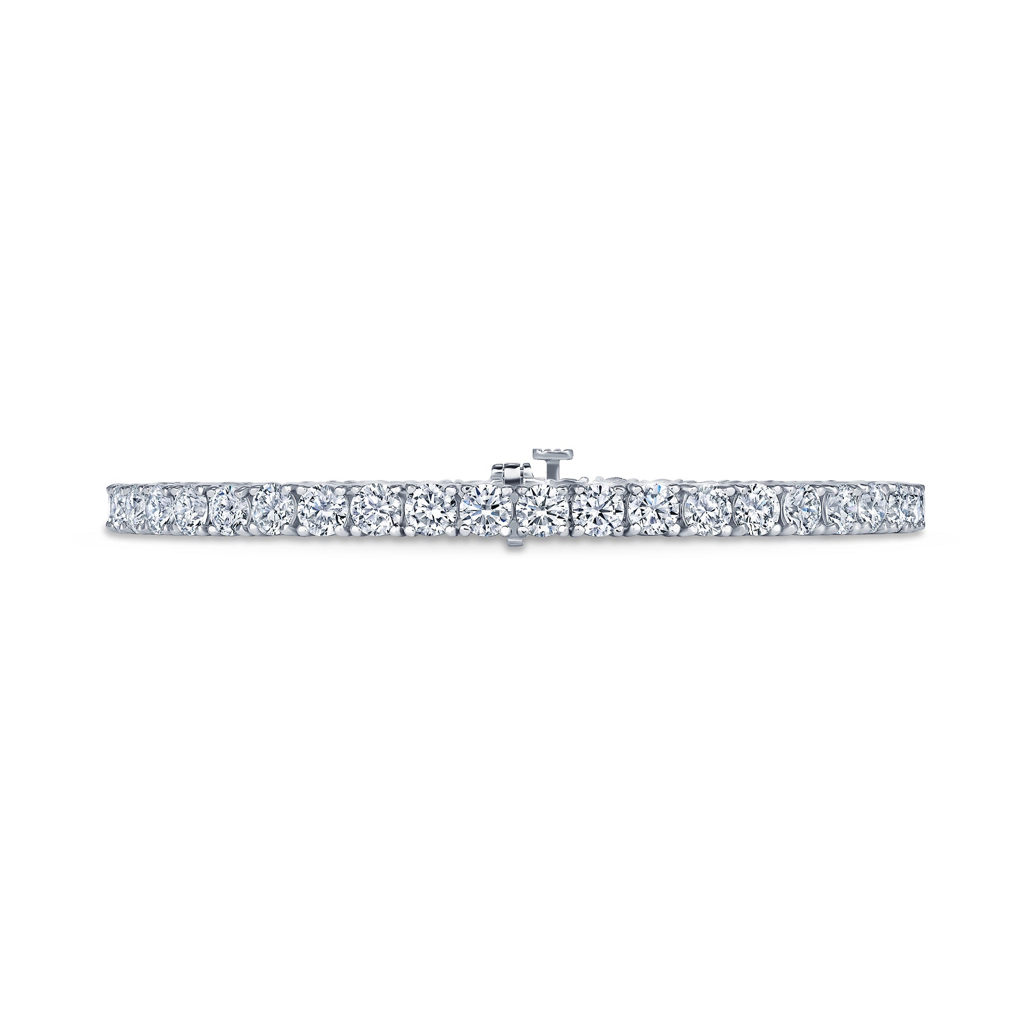 Round lab grown diamond tennis bracelet in 14K white gold, full length view showing the clasp