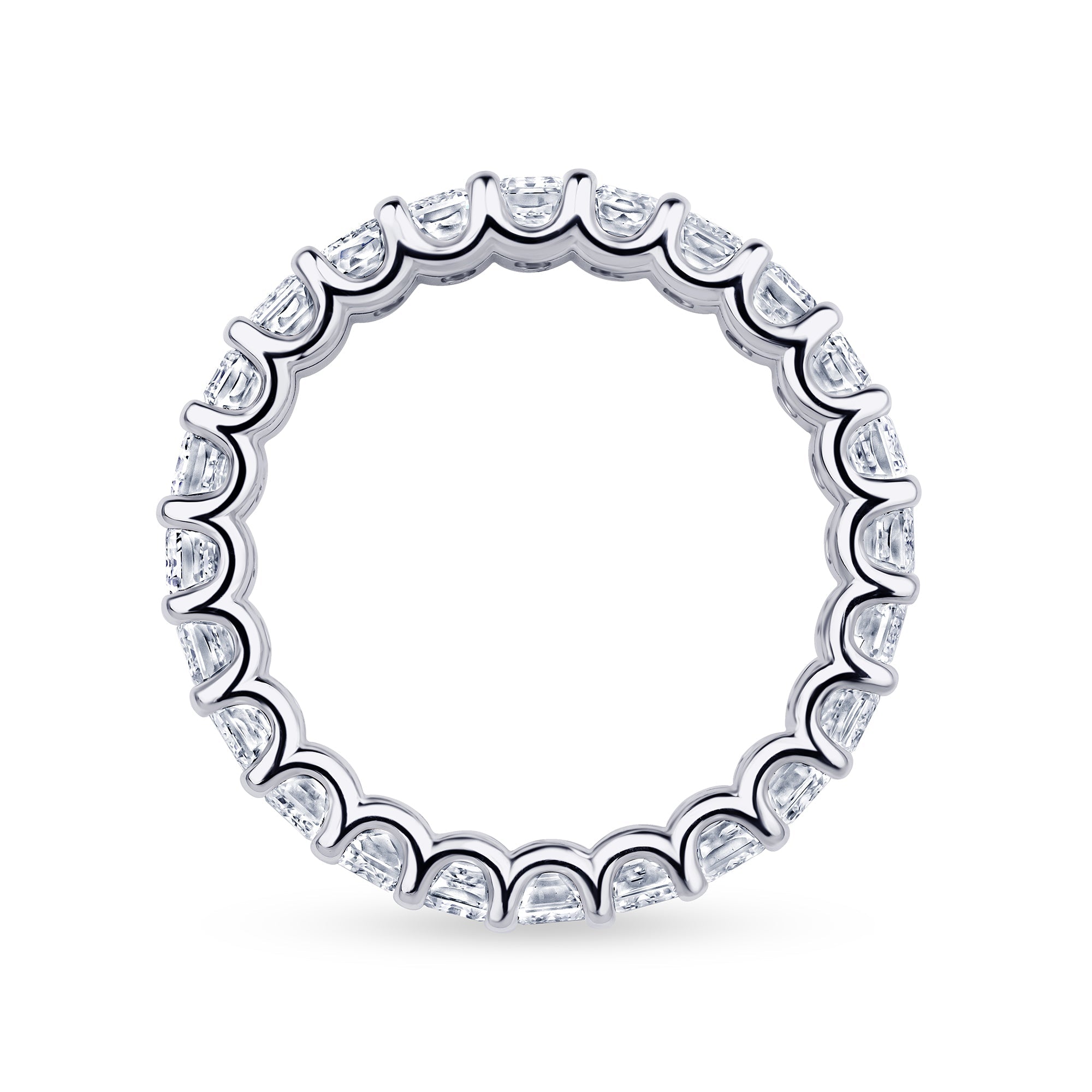 Emerald cut east-west eternity band shown at an angle