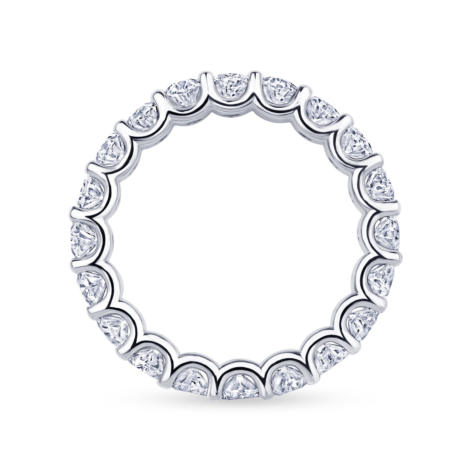 Oval diamond eternity band shown at an angle showing the gallery