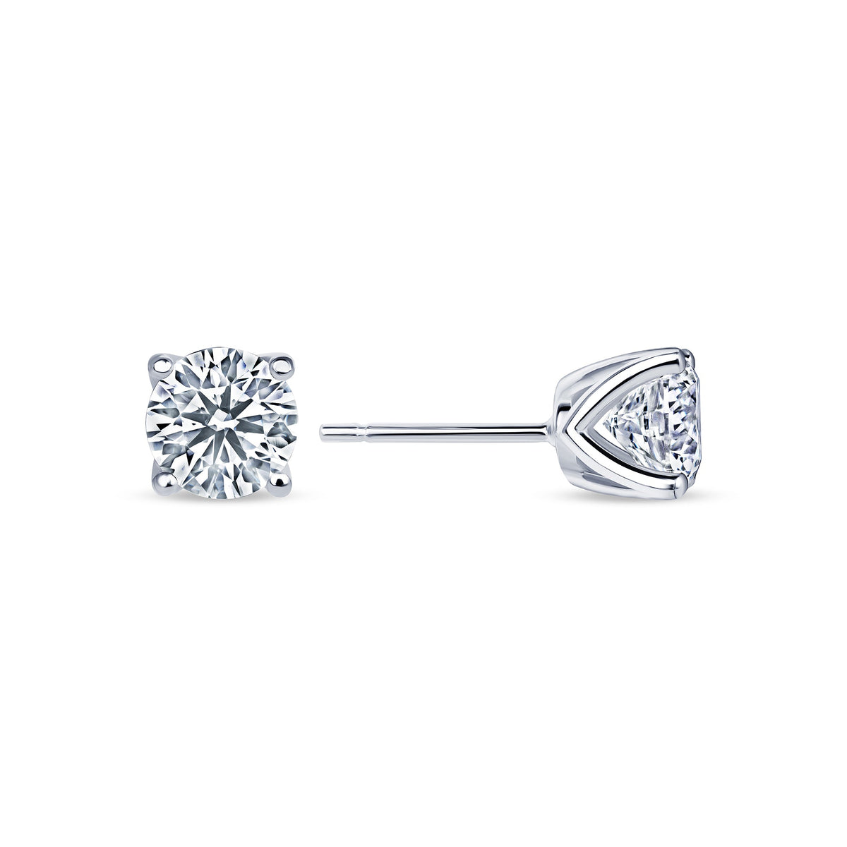 Round lab grown diamond stud earrings worn on the ear, 1.58 carat total weight