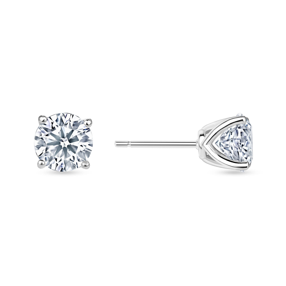 Round lab grown diamond stud earrings worn on the ear, 2.12 carat total weight