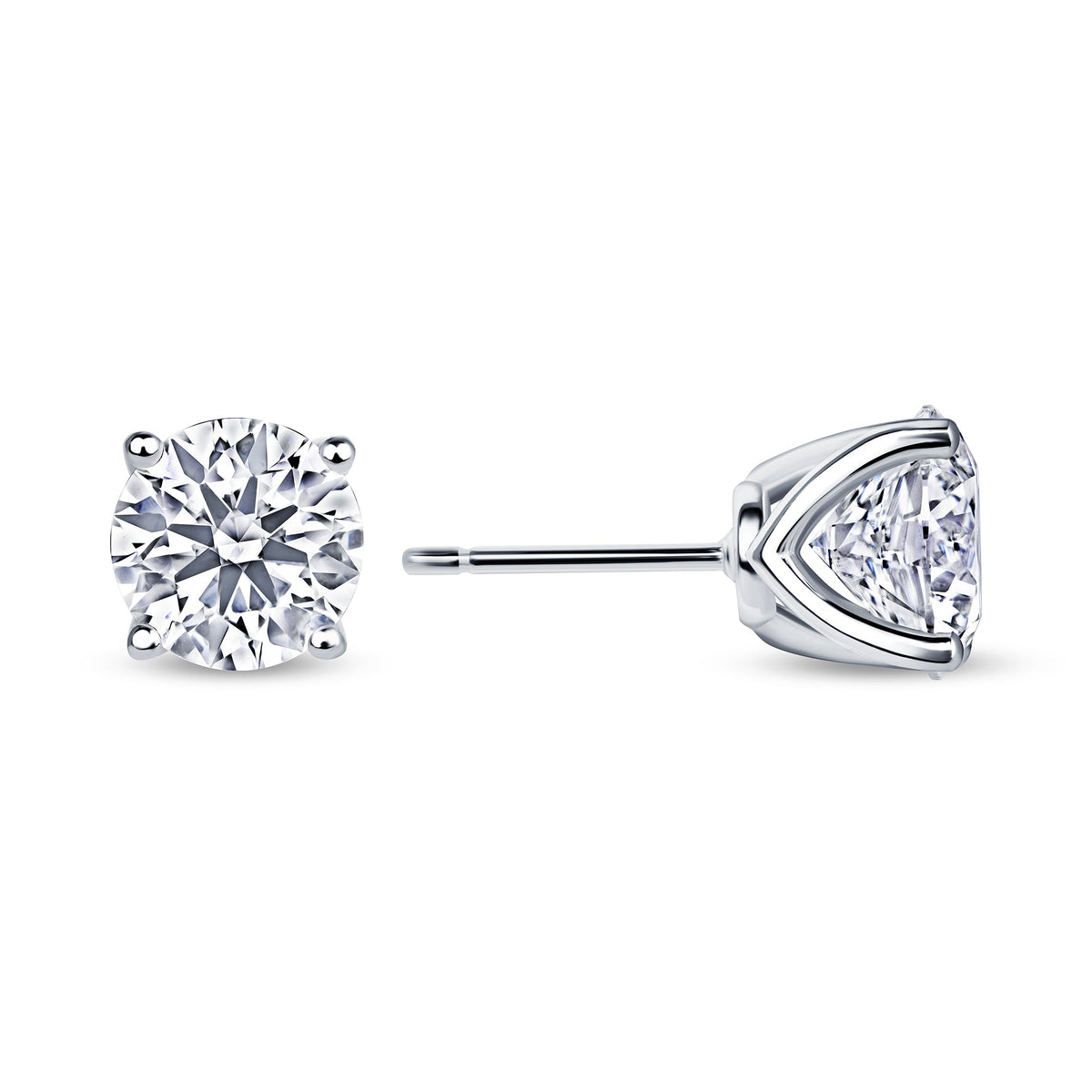 Round lab grown diamond stud earrings worn on the ear, 3.18 carat total weight