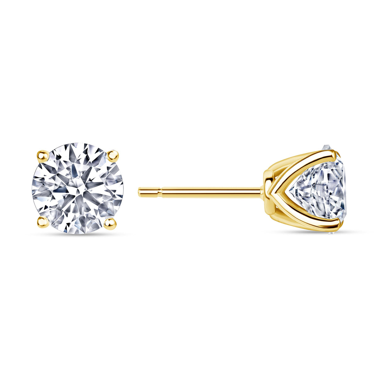 Round lab grown diamond stud earrings worn on the ear, 4.14 carat total weight