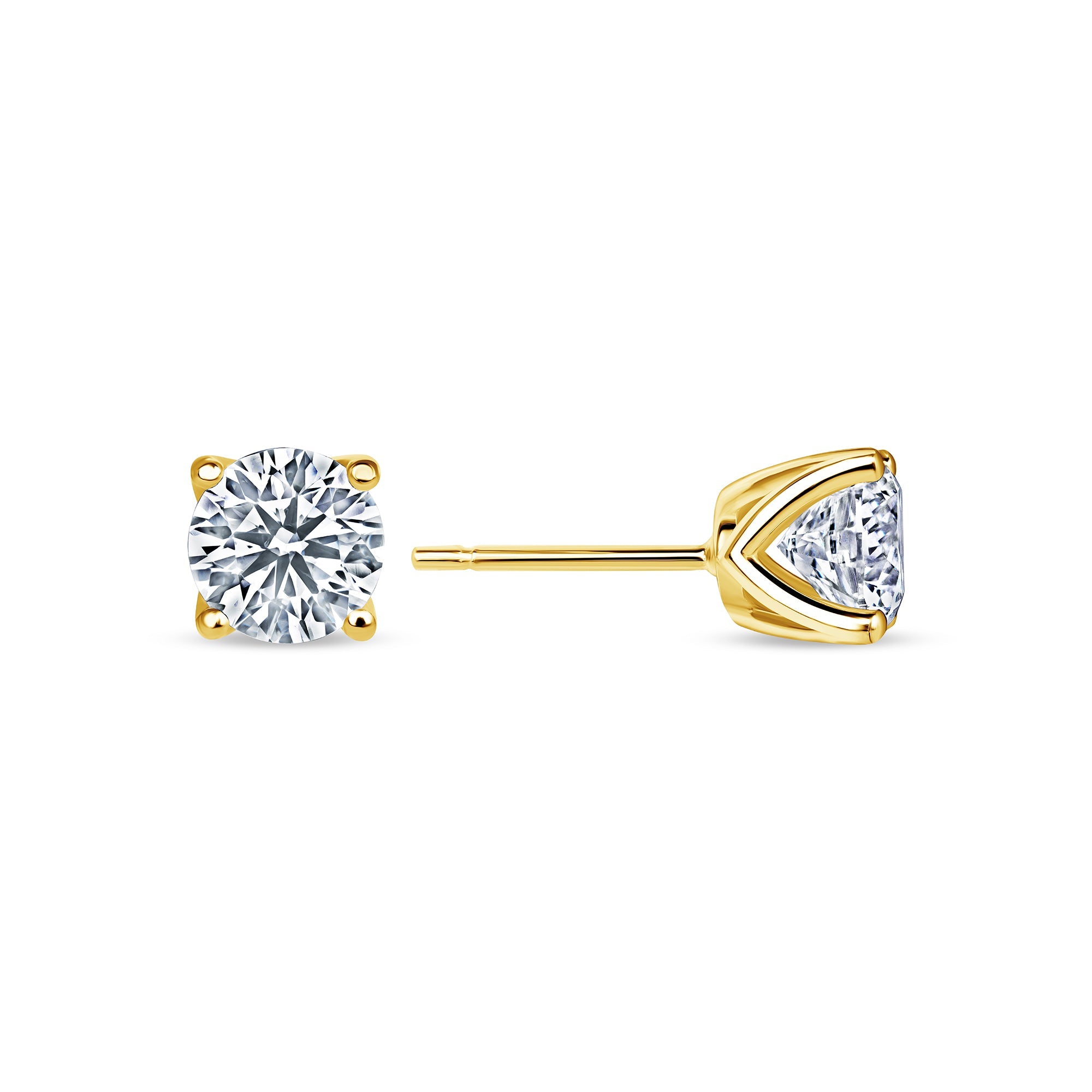 Round lab grown diamond stud earrings in 14K yellow gold, front and profile view